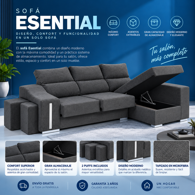 Sofá chaiselongue Oscar con 2 pufs