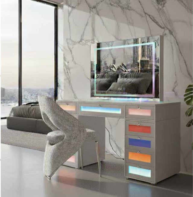 Tocador blanco con espejo y luces LED de colores