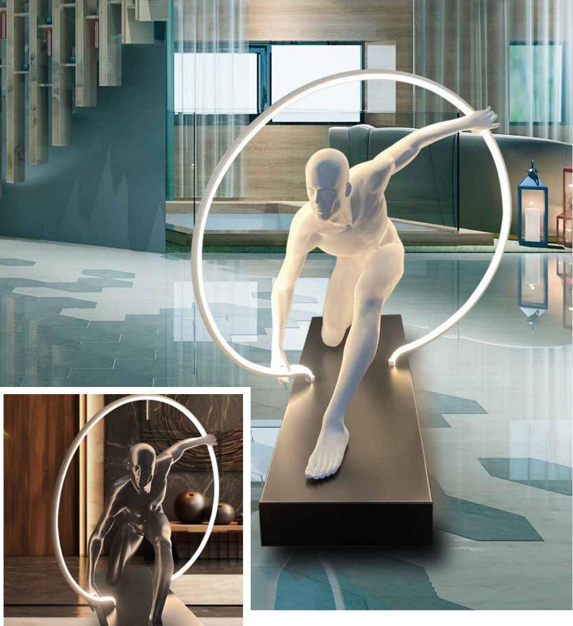 Escultura de patinador con aro de luz LED blanco o negro
