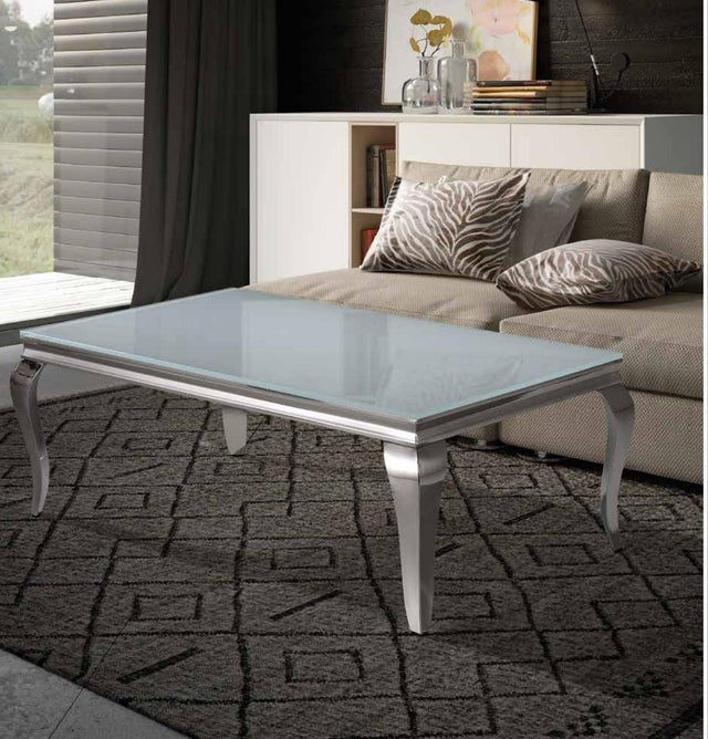 Mesa de centro de cristal blanco y acero