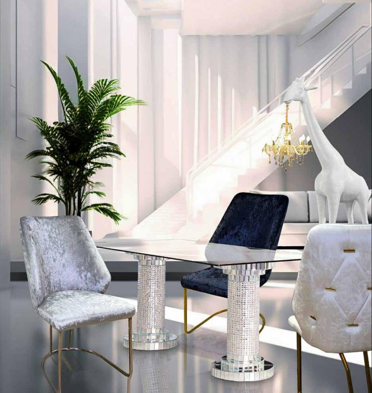Mesa de comedor de cristal con pie de columnas 160 cm