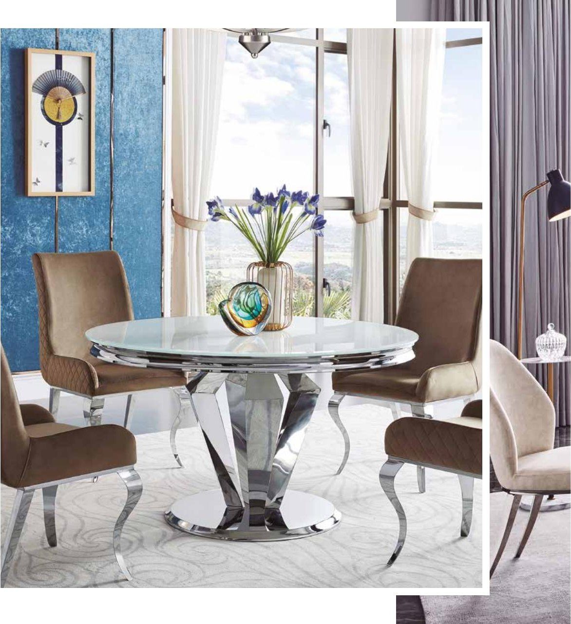 Mesa de comedor redonda de cristal blanco y acero 130 cm