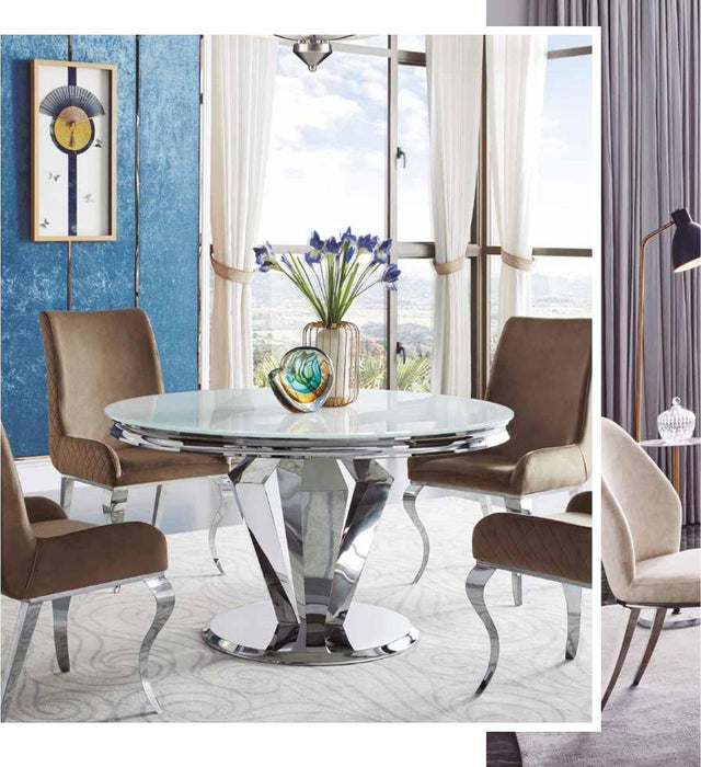 Mesa de comedor redonda de cristal blanco y acero 130 cm