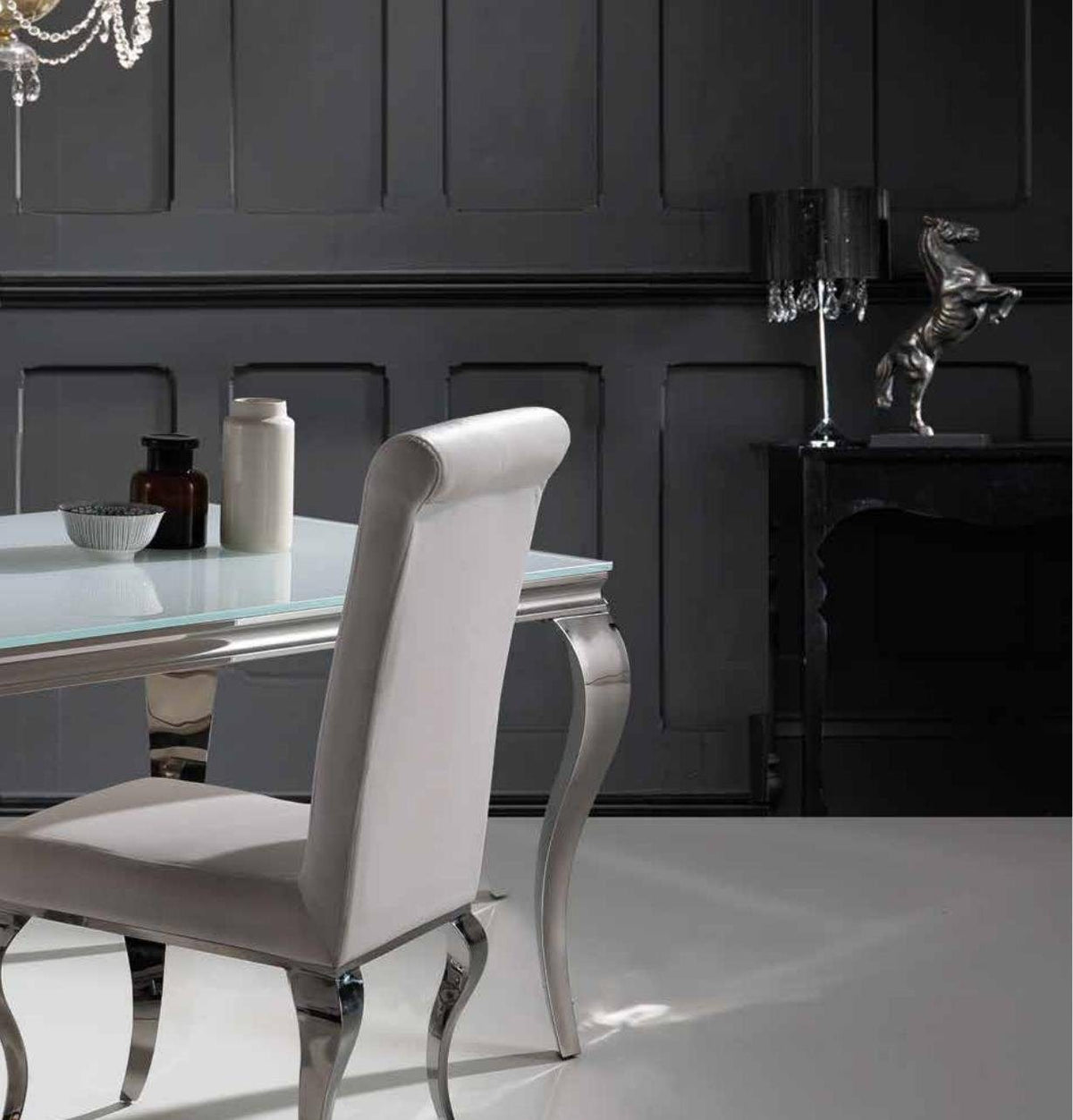 Mesa de comedor de cristal blanco y acero 180 cm