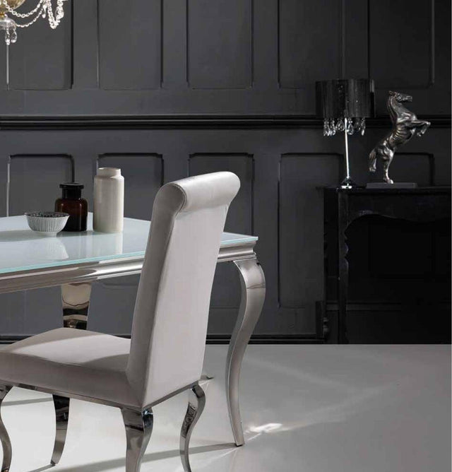 Mesa de comedor de cristal blanco y acero 180 cm