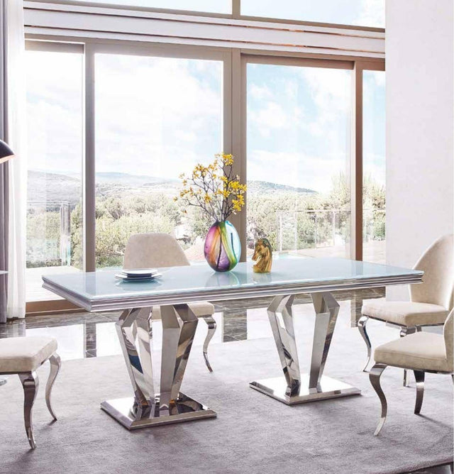 Mesa de comedor de cristal blanco y acero inoxidable 180 cm
