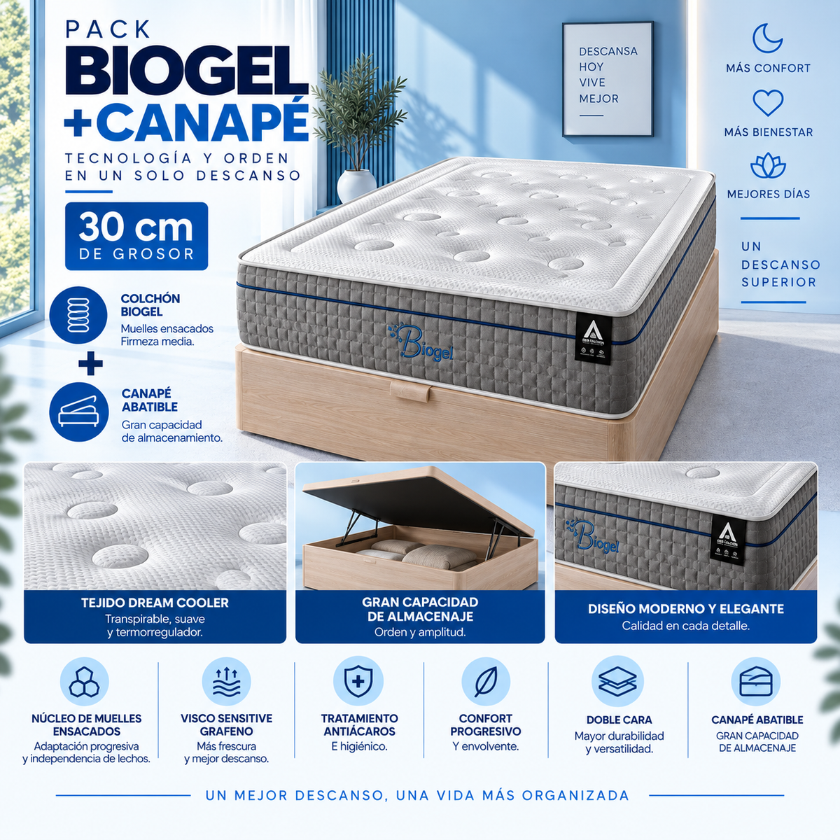 Pack canapé y colchón Biogel (MUELLES ENSACADOS 30CM)