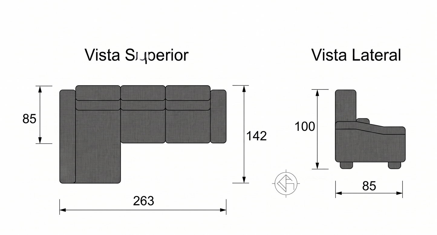 Sofá Chaiselongue Oscar + 2 Pufs integrados
