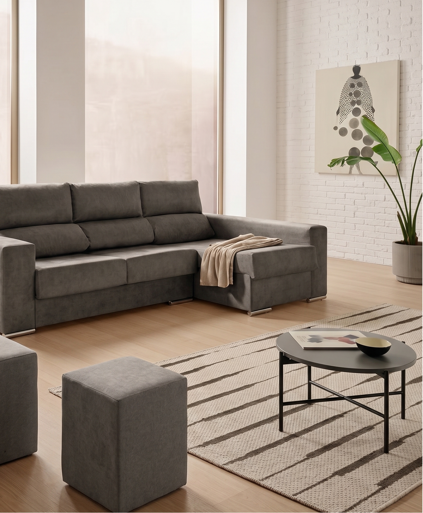 Sofá Chaiselongue Oscar + 2 Pufs integrados