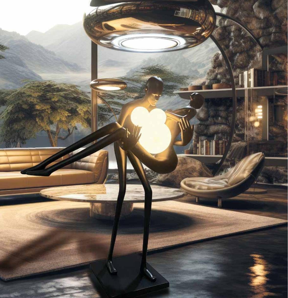 Lámpara escultura de hombre sentado con bolas de luz