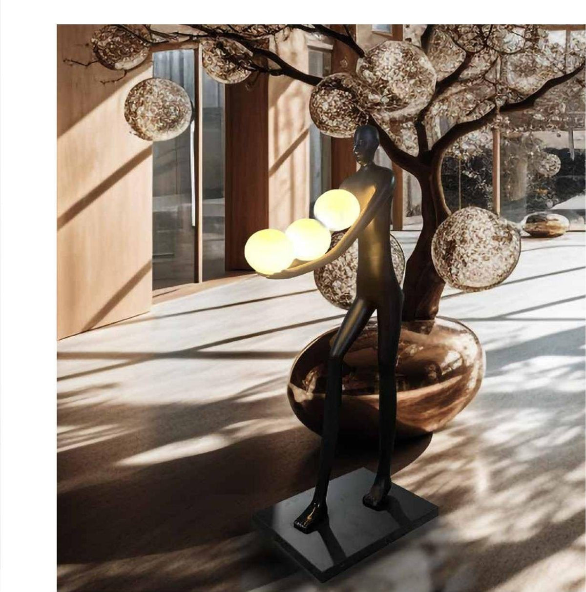 Lámpara escultura de mujer con árbol de bolas de luz
