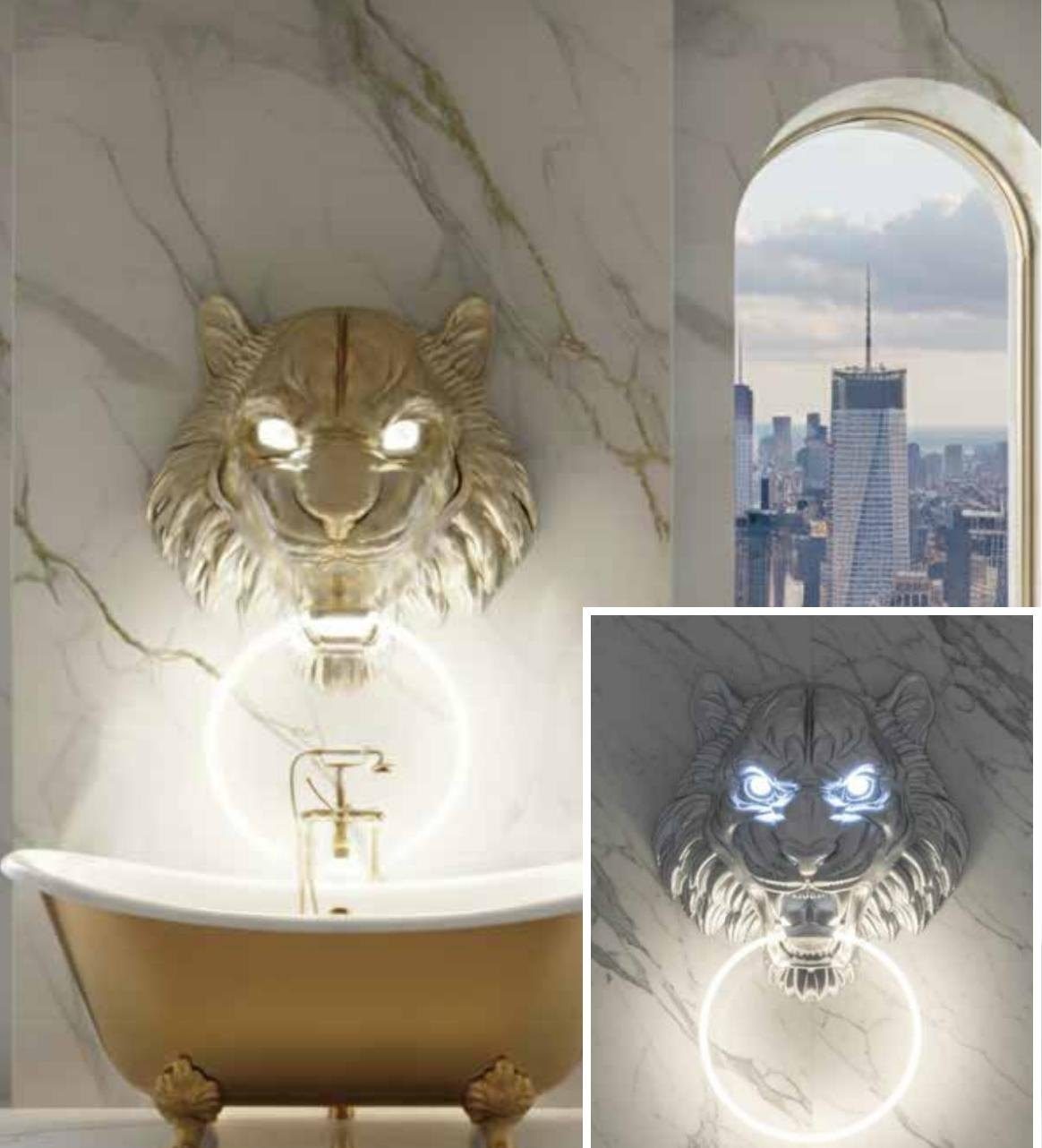 Cabeza de tigre de pared con aro de luz LED