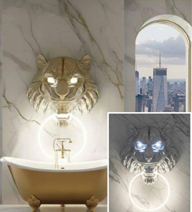 Cabeza de tigre de pared con aro de luz LED
