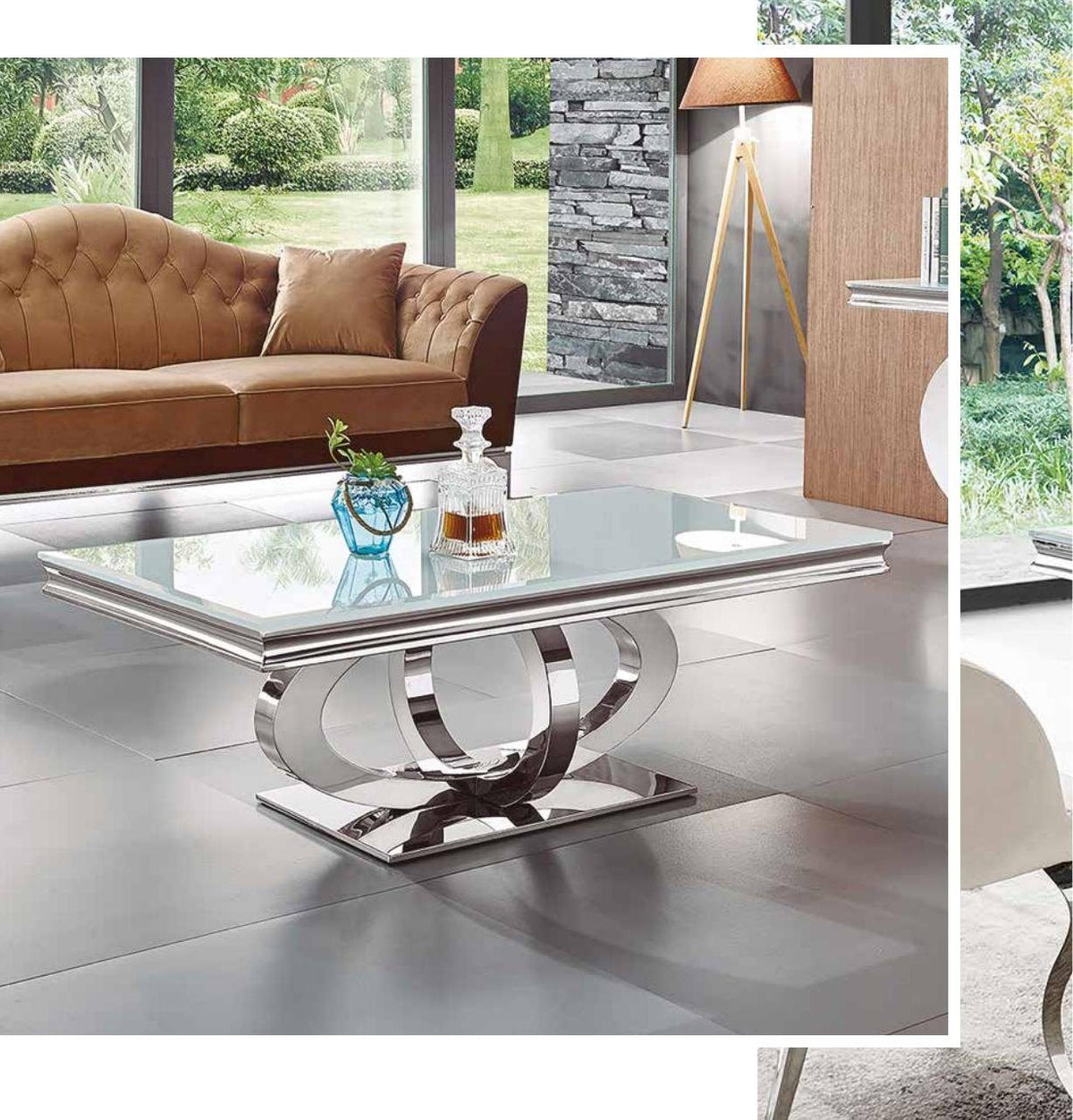 Mesa de centro de cristal blanco y acero cromado