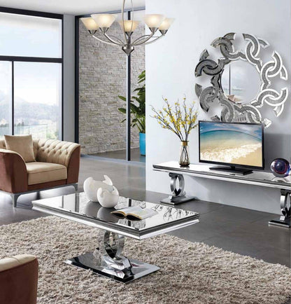 Mesa de centro de cristal blanco con patas de acero