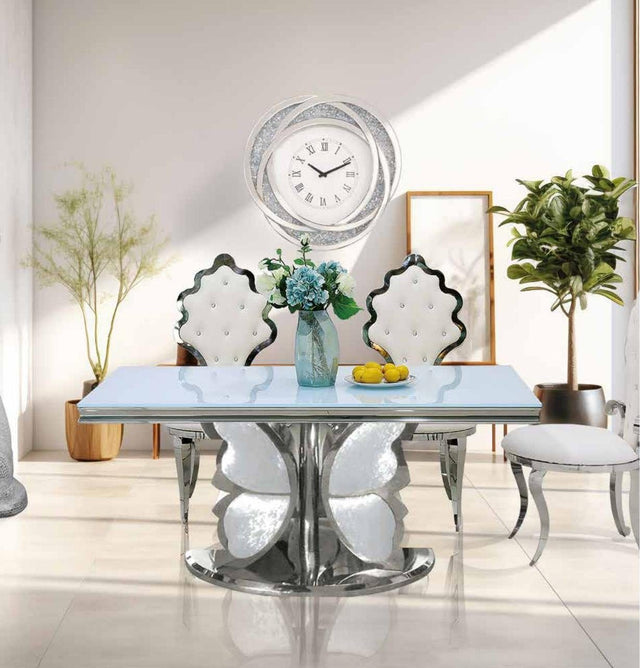 Mesa de comedor de cristal blanco con base mariposa 160 cm