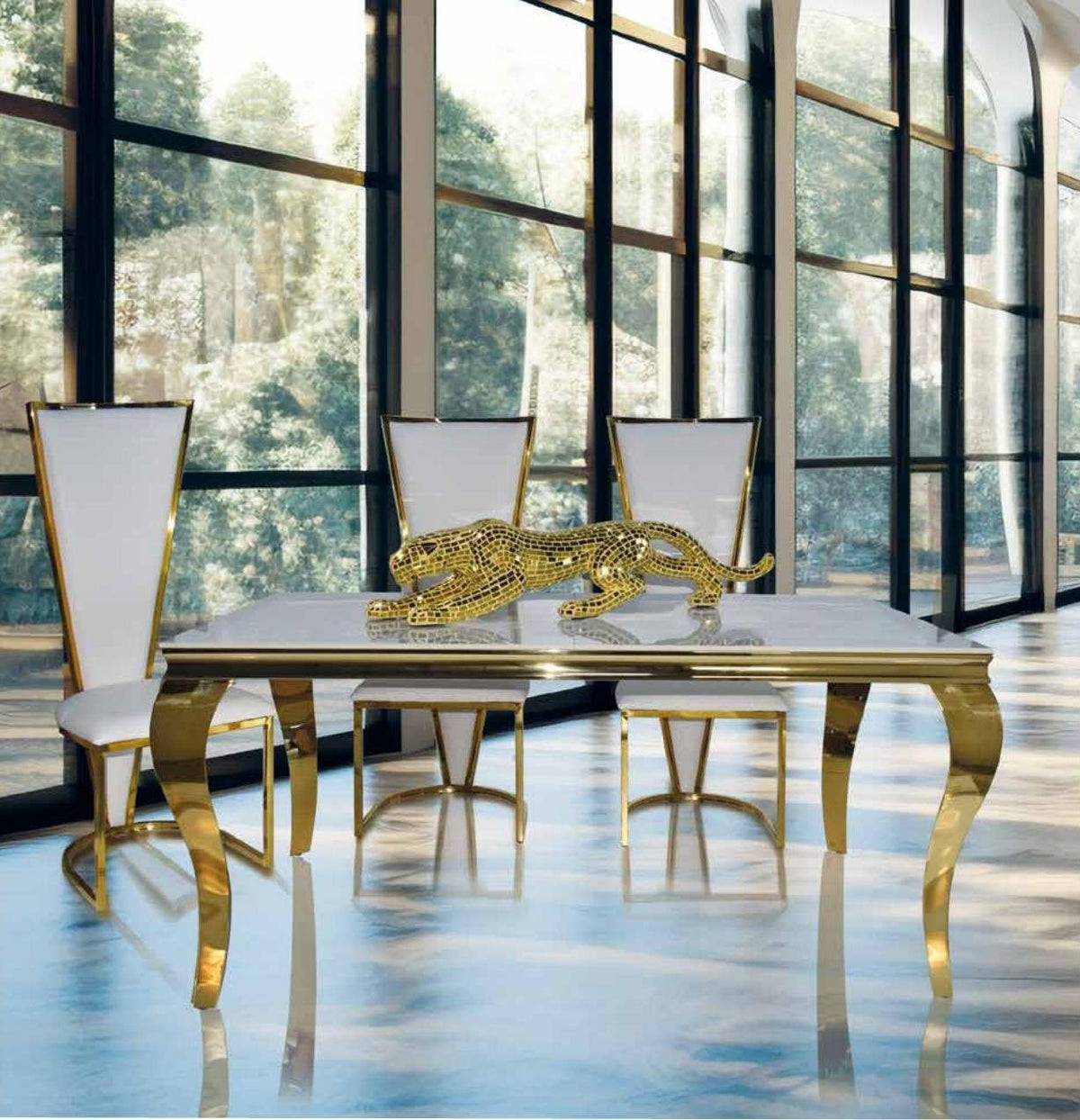 Mesa de comedor efecto mármol con base dorada 160 cm