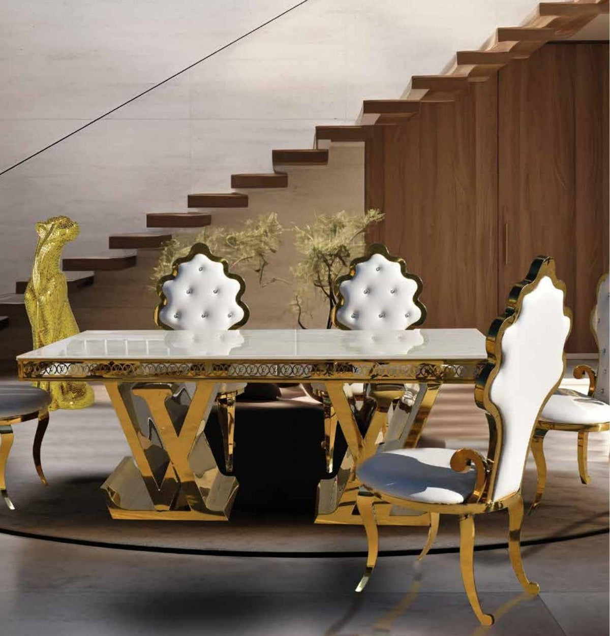 Mesa de comedor efecto mármol blanco con base de diseño 200 cm