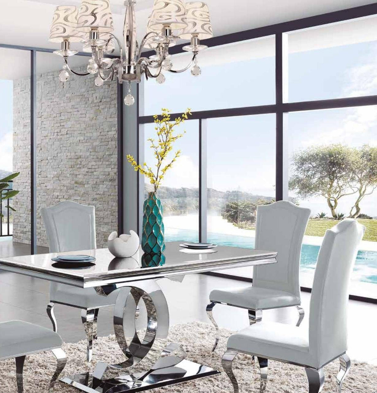 Mesa de comedor de cristal blanco con patas de acero 180 cm