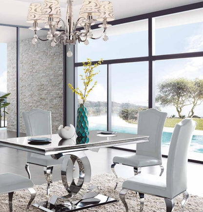 Mesa de comedor de cristal blanco con patas de acero 180 cm