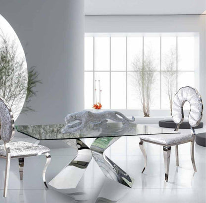 Mesa de comedor de cristal transparente y acero 160 cm