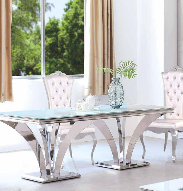 Mesa de comedor de cristal blanco y acero inoxidable 200 cm