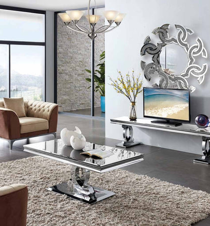Mueble de TV de cristal blanco y acero cromado 200 cm